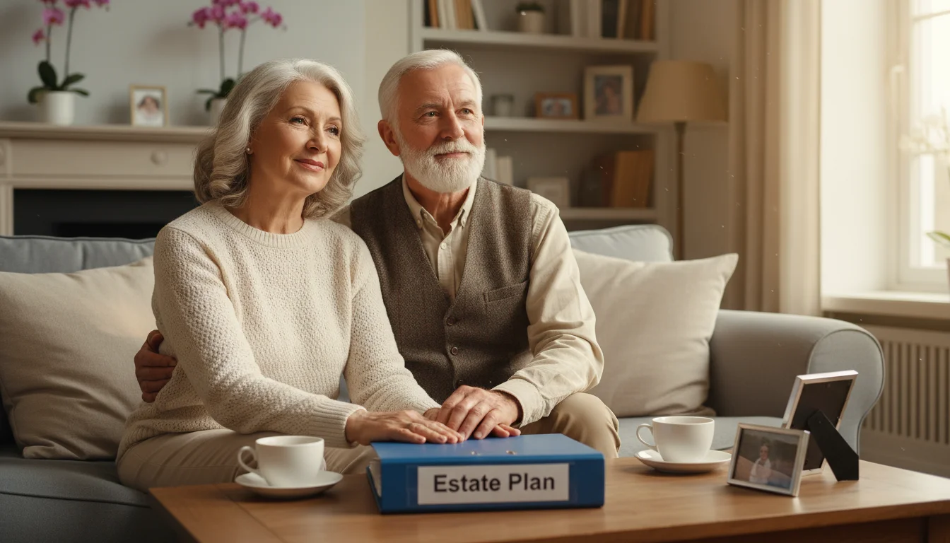 An older couple sitting on a sofa, one hand resting gently on a dark blue binder labeled 