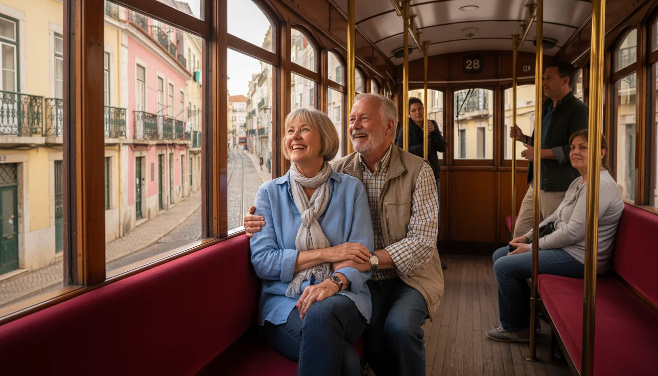 An older couple smiles from inside a historic yellow Lisbon tram, looking out at colorful buildings along a narrow, hilly street.