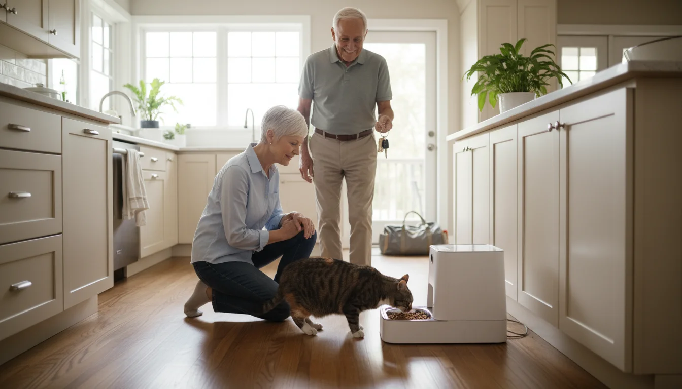 An older couple smiles in their kitchen as their cat eats from an automatic feeder. One holds car keys.