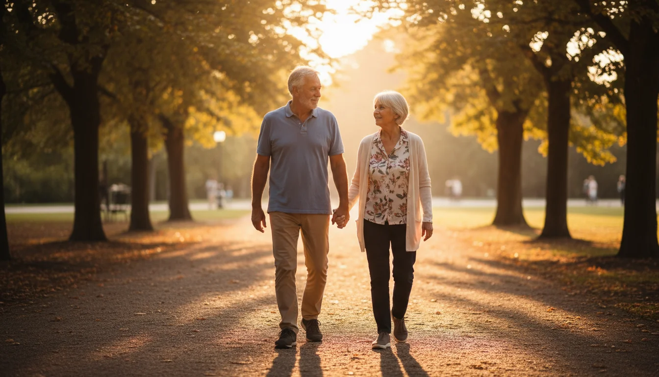 An older couple, smiling, walking hand-in-hand on a tree-lined path in the warm glow of late afternoon sun.
