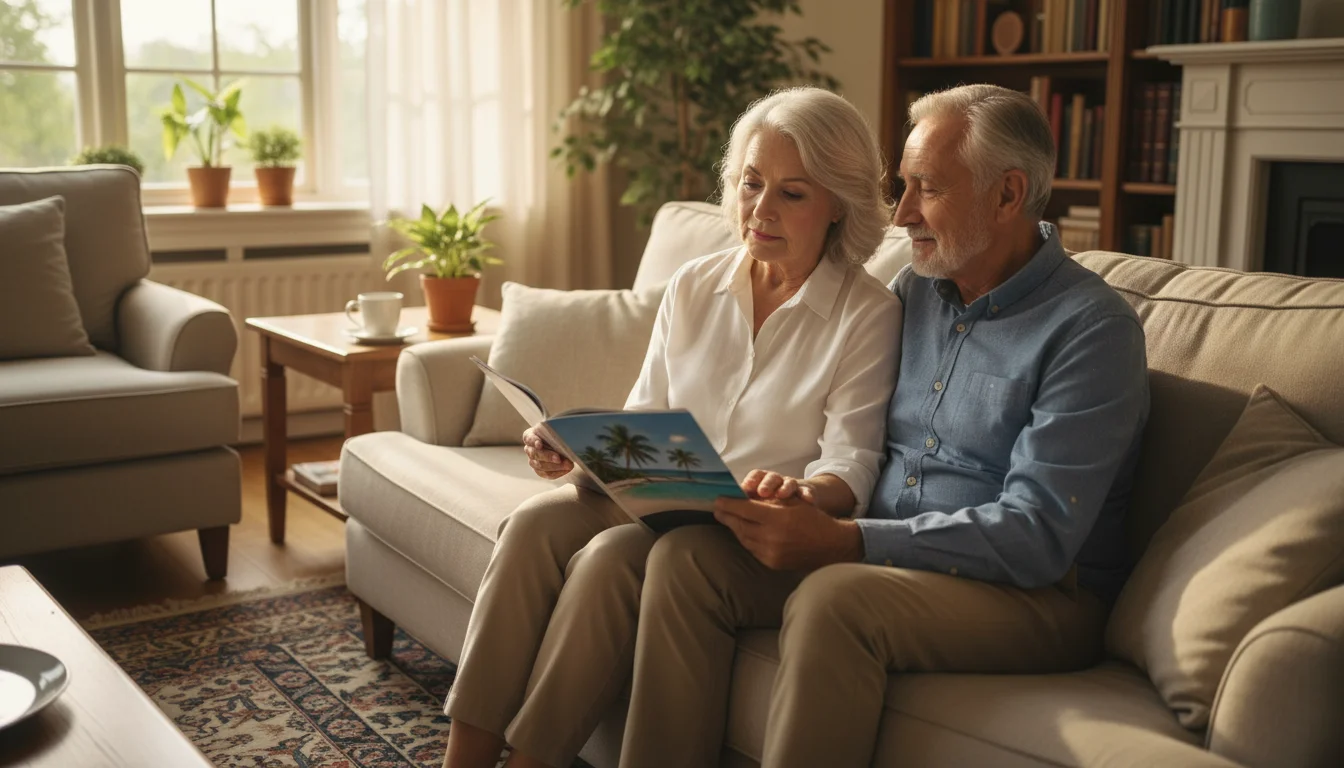 An older couple on a sofa, the woman looking at a travel magazine, the man gently touching her hand, considering their plans.