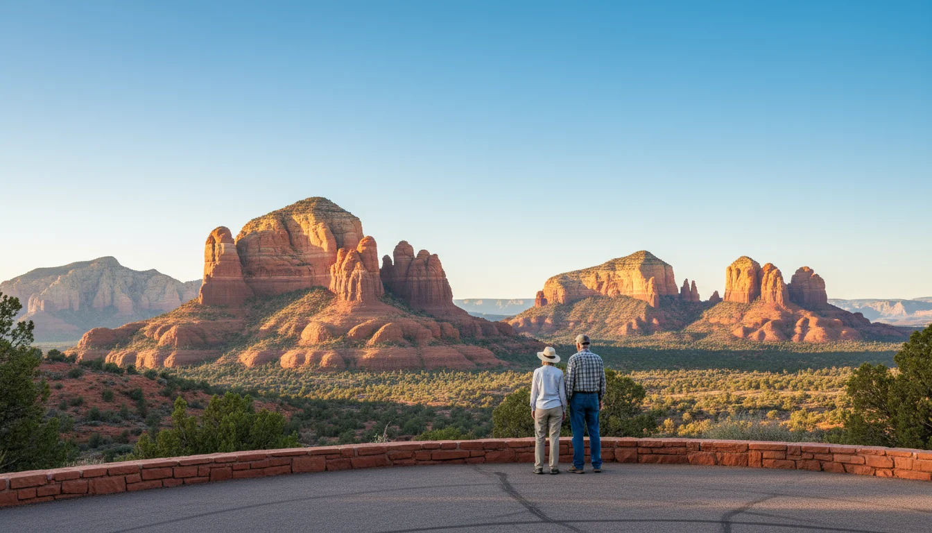 An older couple stands on a paved overlook, looking out at the majestic red rock formations of Sedona under a clear blue sky.