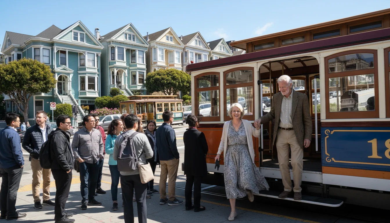 An older couple stepping off a bright historic F-line streetcar onto a San Francisco sidewalk with Victorian buildings.