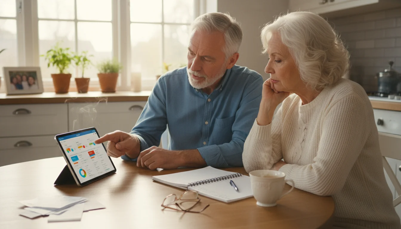 An older couple in a sunlit kitchen reviews their household finances, looking at a tablet and an open notebook.