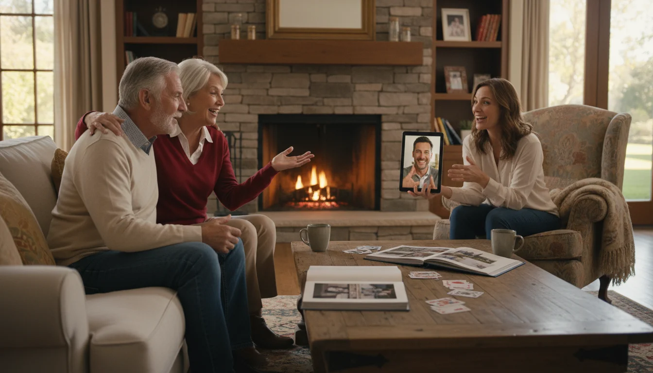 An older couple and their adult daughter in a living room, talking with another adult family member on a video call, planning a trip.