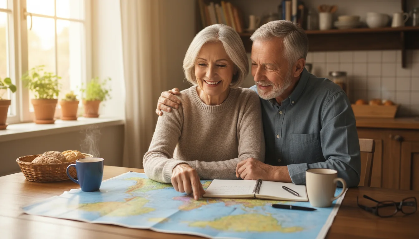 An older couple in their early 60s points to a location on a large map spread on their kitchen table, planning future travels.