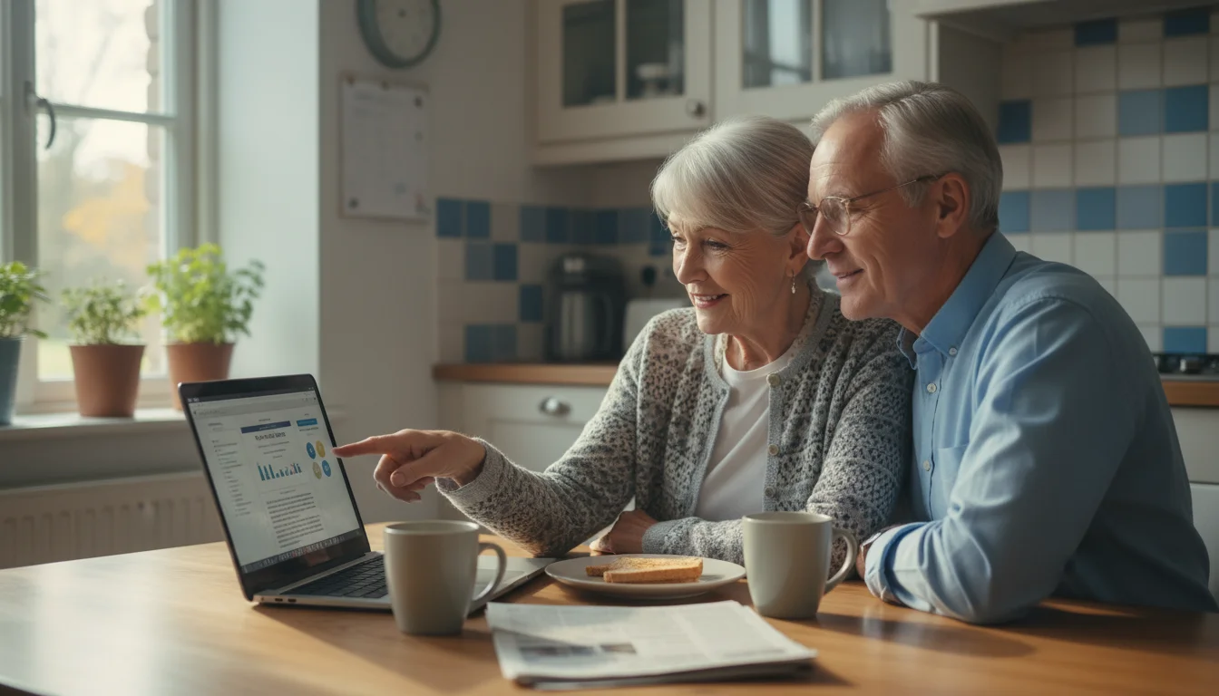 An older couple in their kitchen, reviewing a laptop screen. The woman points at the screen while the man, wearing glasses, looks on intently.