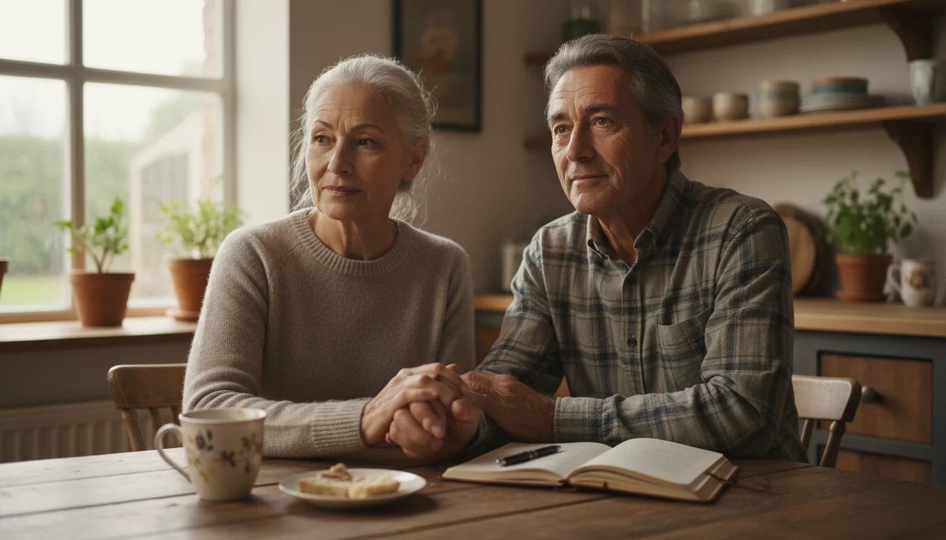 An older couple in their kitchen, seated at a table, holding hands, looking reflective and empathetic.