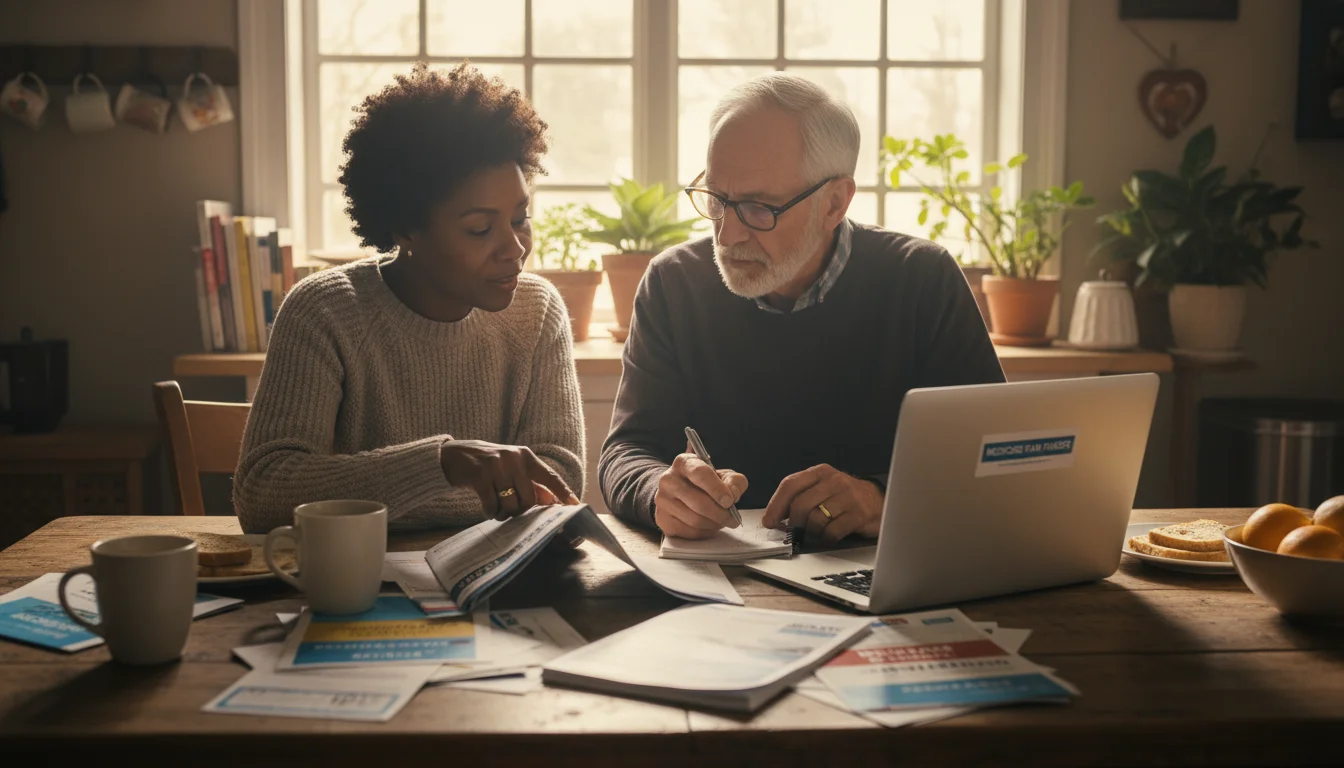 An older couple at their kitchen table, comparing Medicare plan documents and a laptop, engaged in focused discussion.