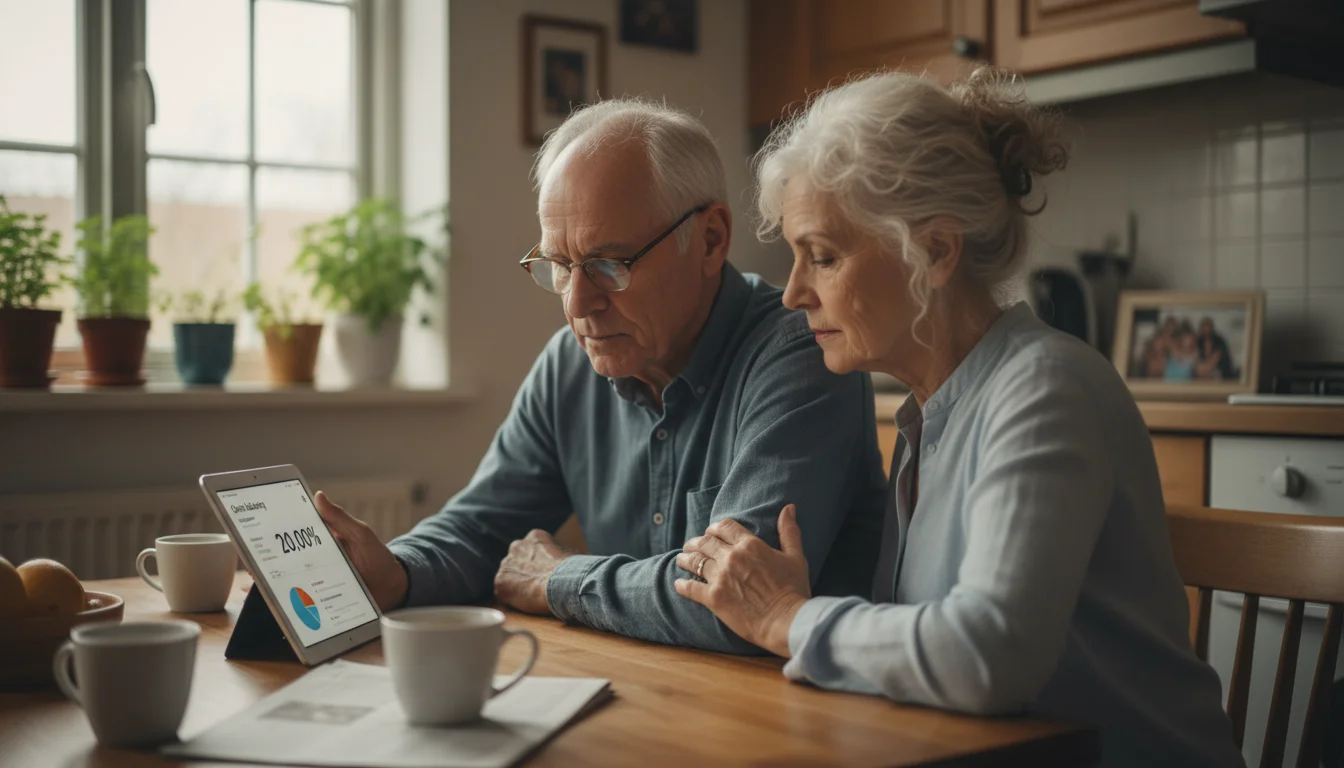 An older couple at their kitchen table, intently reviewing an online bank statement on a tablet, with careful expressions.