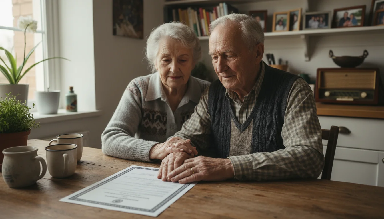 An older couple at their kitchen table, looking at a property deed with thoughtful concern. The woman's hand rests gently on the man's.