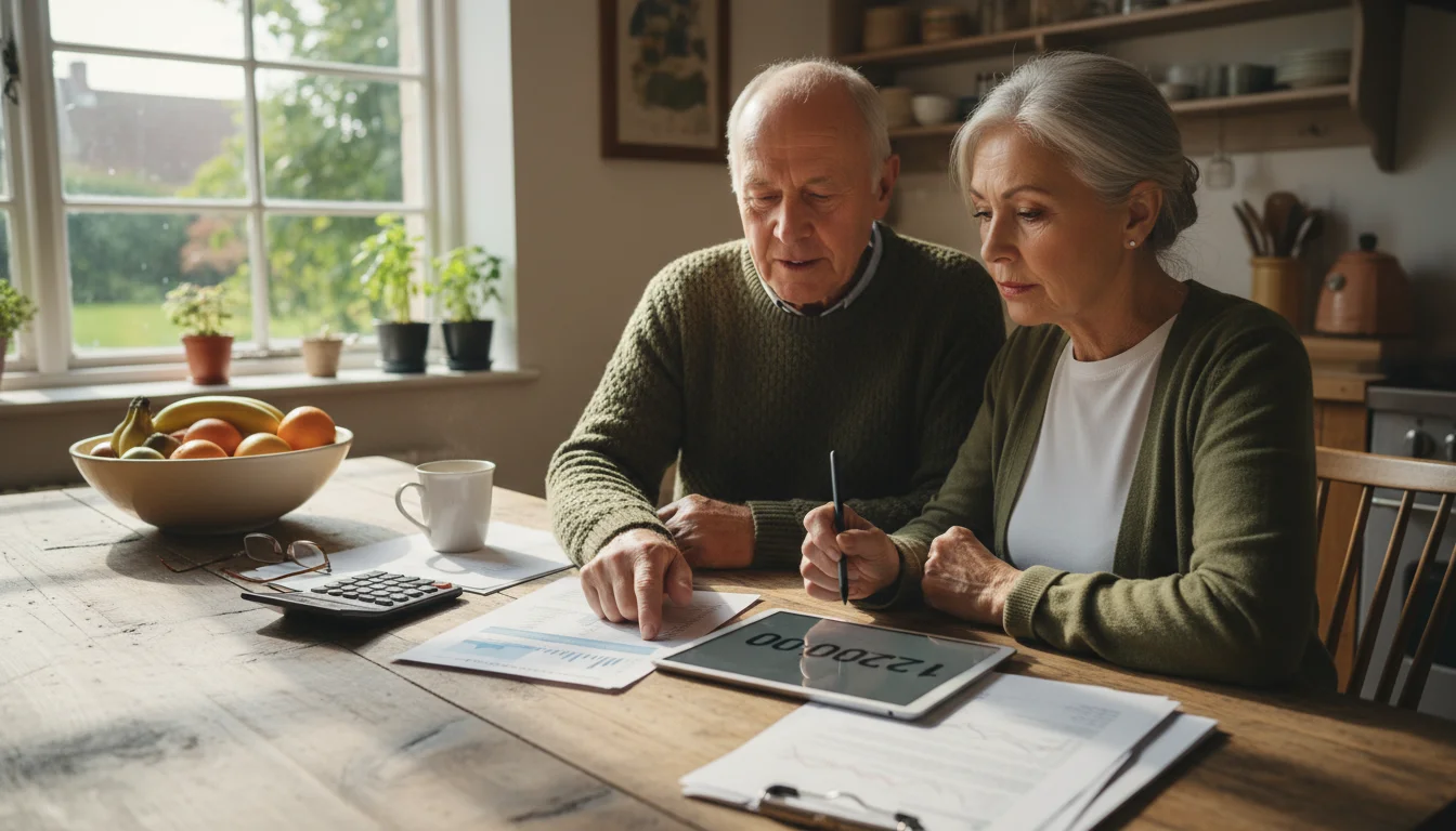 An older couple at their kitchen table reviewing documents and using a calculator, bathed in soft morning light.