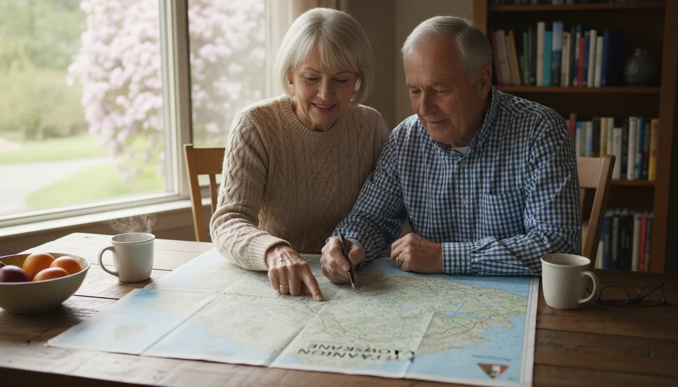 An older couple in their late 60s at a kitchen table, planning a trip using a large map. Financial documents are discreetly visible.