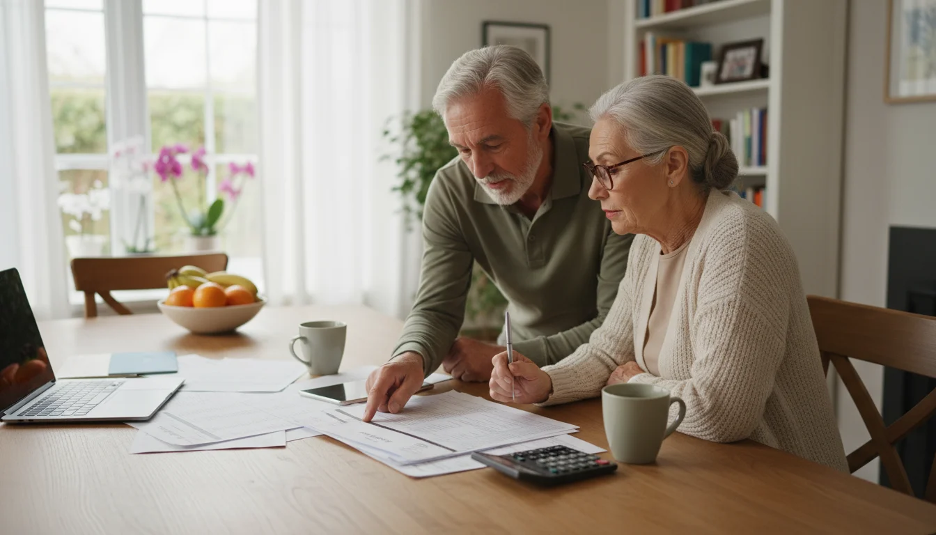 Older couple in their late 70s reviewing financial documents together at a dining table under soft lamplight.