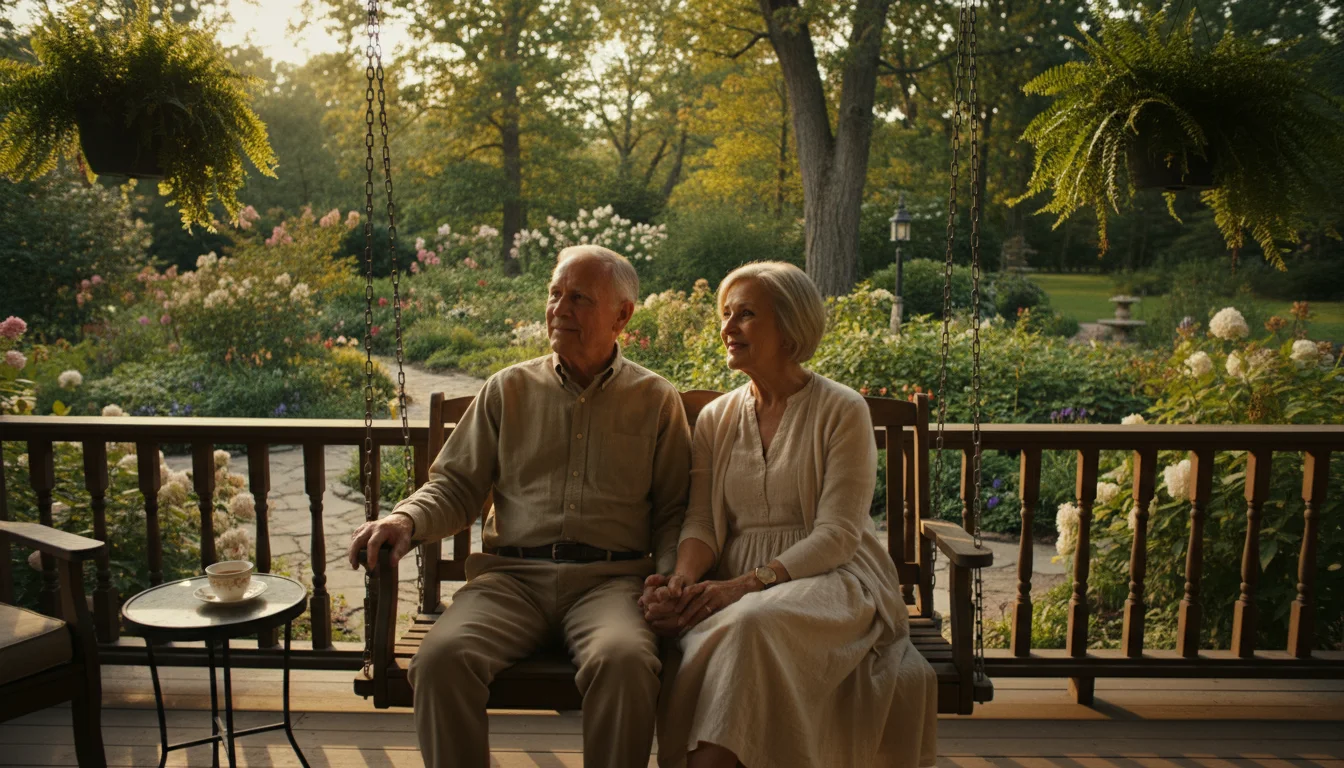 An older couple in their late 70s sits on a porch swing, holding hands and looking peacefully at a garden.