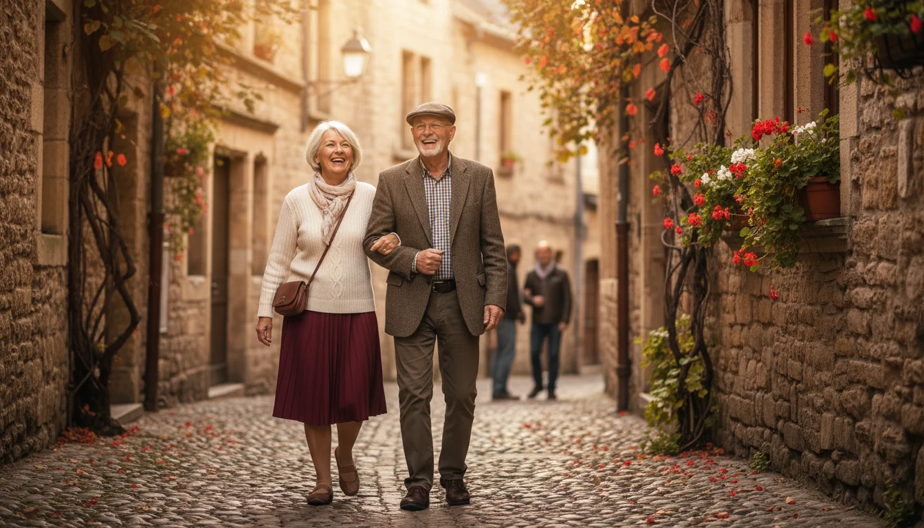 Older couple in their late 60s strolls arm-in-arm on a cobblestone alley in a European town, late afternoon, few people.