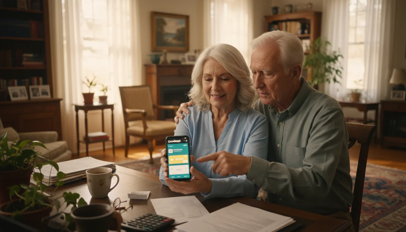 An older couple in their living room, smiling and engaged while using a budgeting app on a smartphone. The woman enters an expense, and her husband re