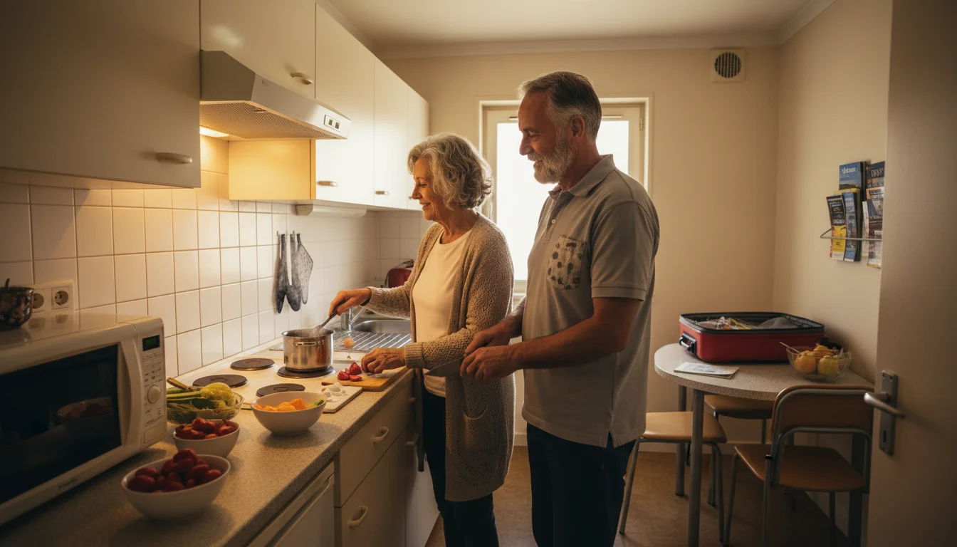 An older couple in their 70s preparing a simple meal in a bright, compact extended-stay hotel kitchenette.