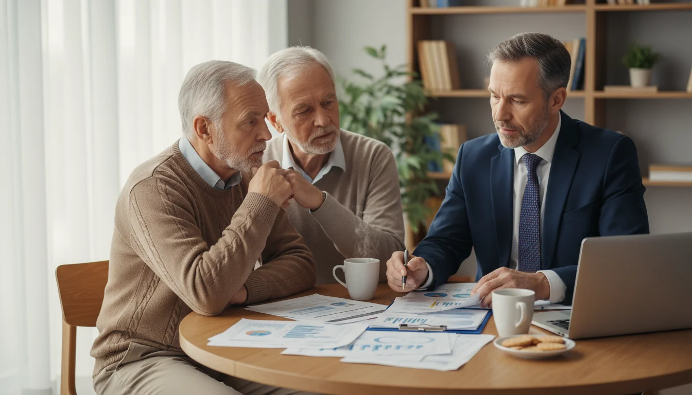 An older couple in their 70s sits at a wooden table, engaged in conversation with a financial advisor over documents and a laptop.