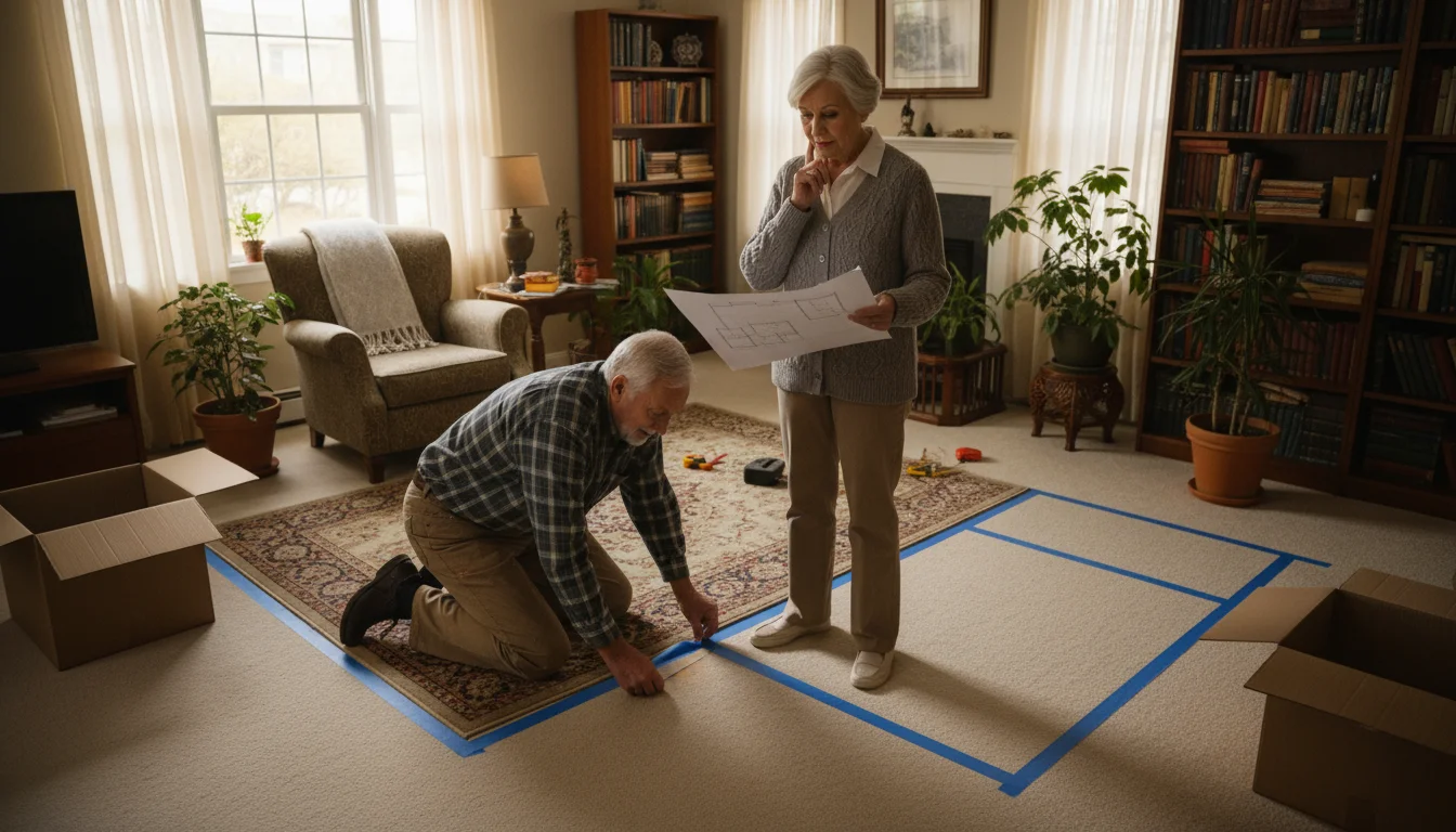 An older couple uses blue painter's tape on their living room carpet to map out a new home's floor plan. One is taping, the other visualizes.