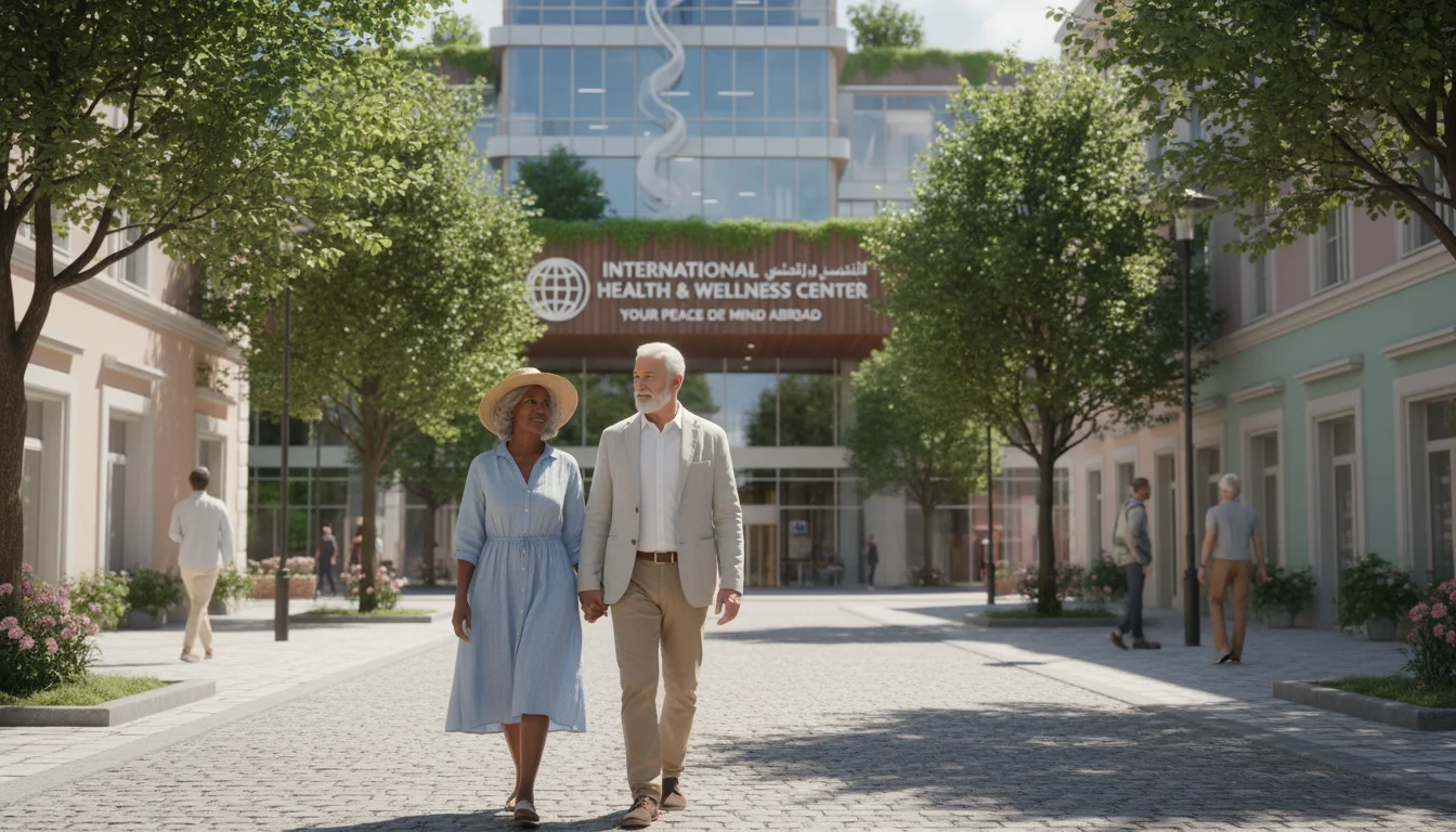 An older couple walks hand-in-hand on a foreign street, a modern hospital visible in the background. They look calm.