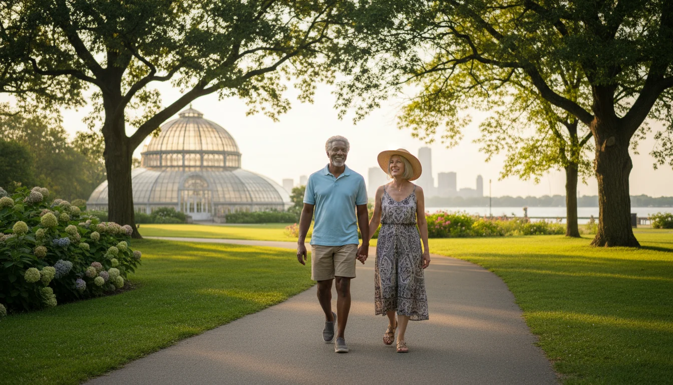 An older couple walks hand-in-hand on a path in Detroit's Belle Isle Park, with green lawns and the conservatory in the background.