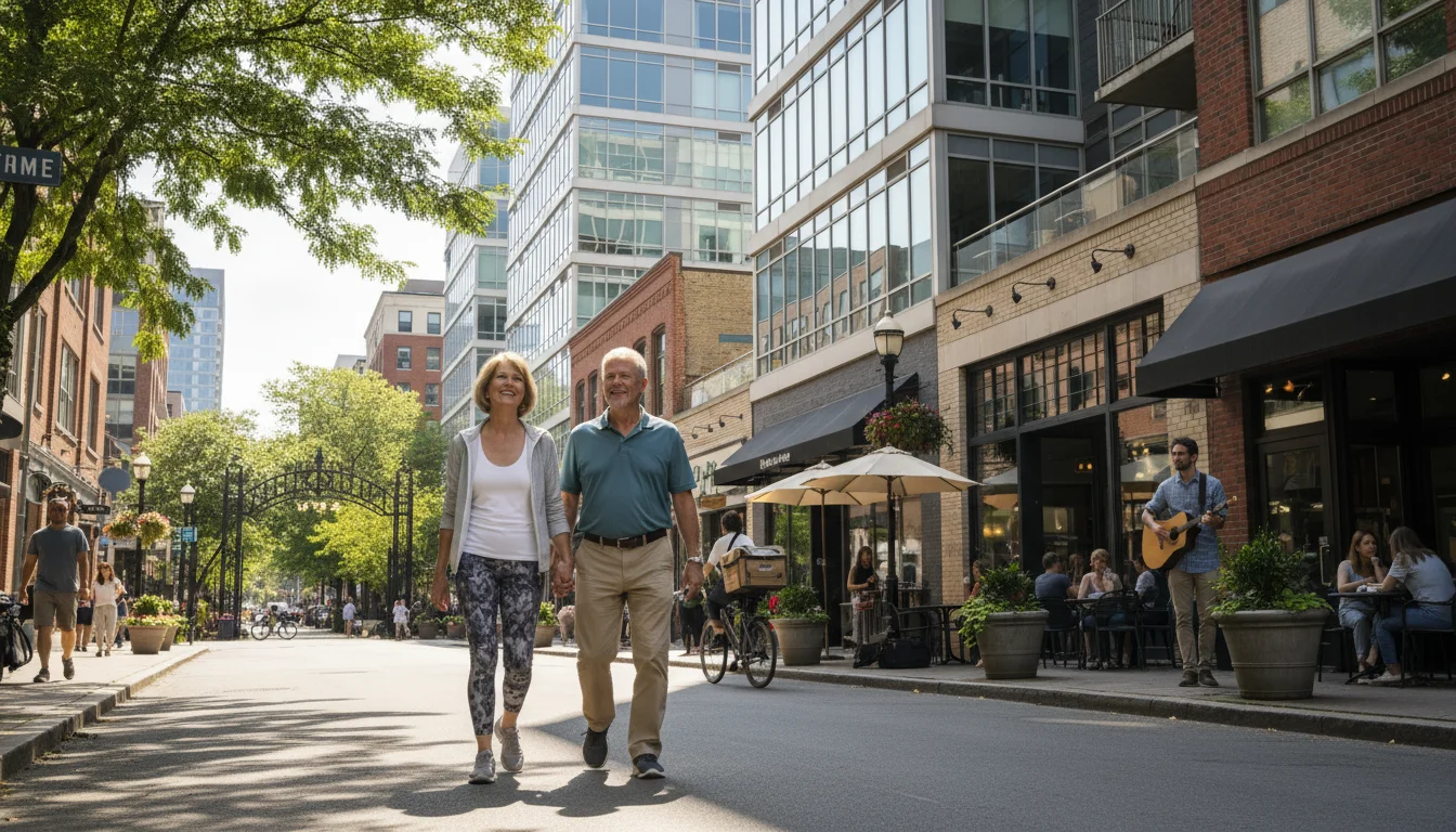 An older couple walks hand-in-hand on a vibrant downtown street. Modern apartments, shops, and a cafe are visible.