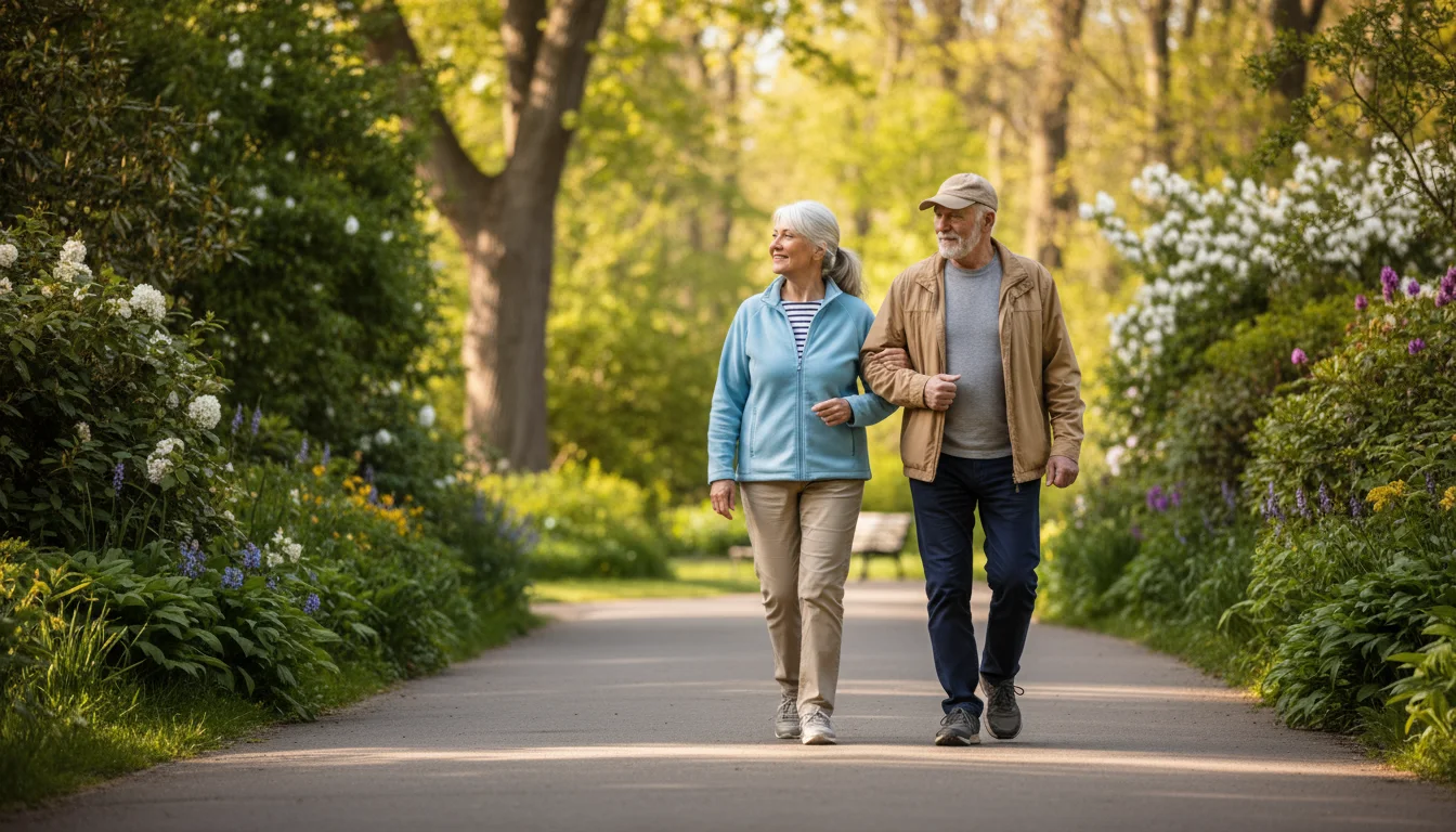 An older couple walks side-by-side on a smooth, paved park path lined with green trees, smiling softly.