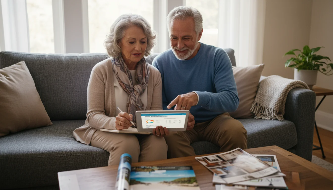An older, diverse couple reviews a financial planner on a tablet in their living room, with travel magazines and home repair brochures nearby.