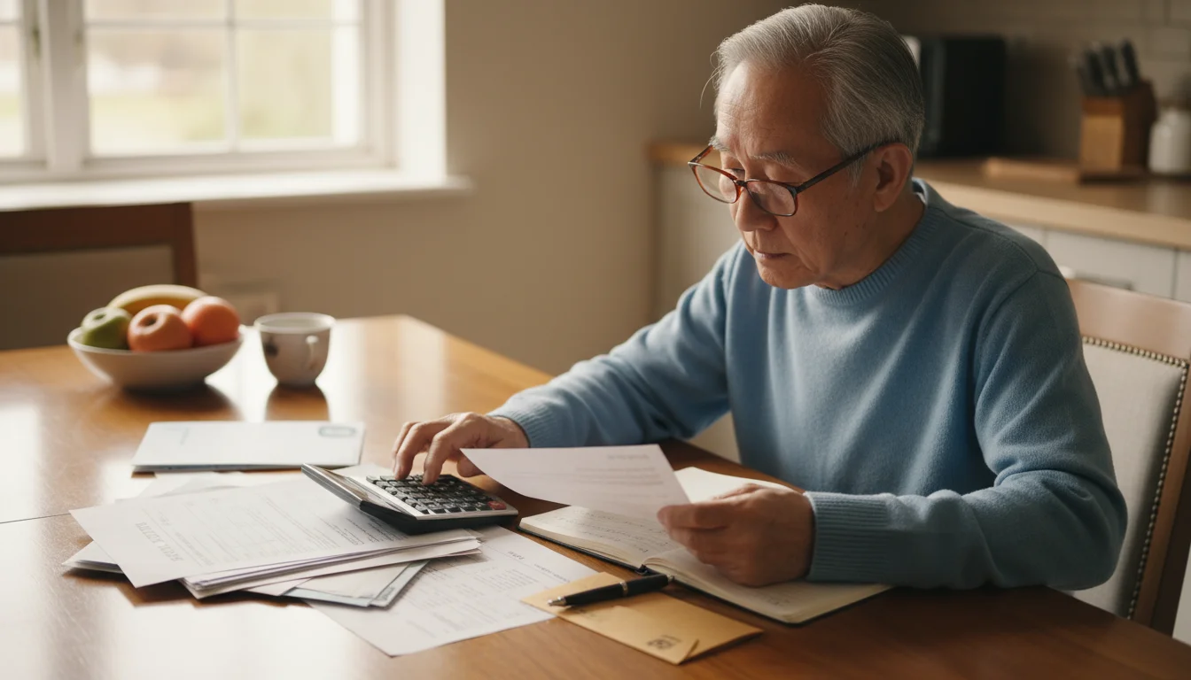 An older East Asian man in a sweater sits at a kitchen table, looking at financial documents and using a calculator.