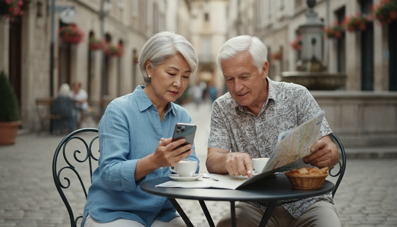 An older East Asian woman reviews a phone while an older European man points at a map at an outdoor cafe in a European city.