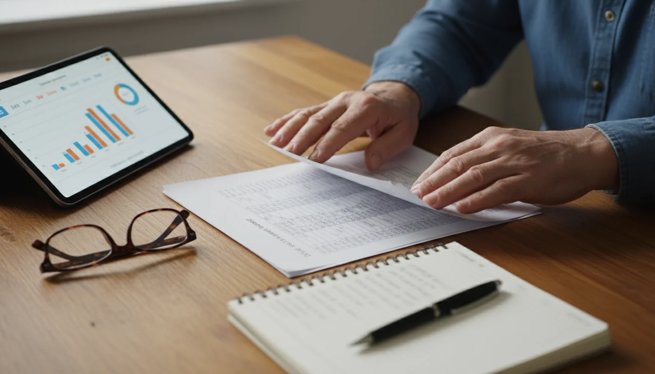 Older hands smooth a financial statement on a wooden table, next to a tablet, reading glasses, and an open notebook.