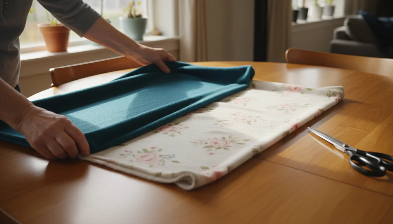 Older hands smoothing out teal and floral patterned fleece fabric on a wooden table, preparing to make a no-sew blanket. Scissors lie nearby.