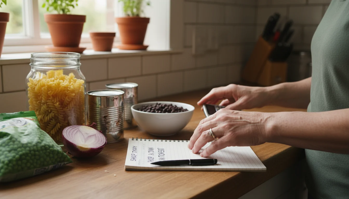 Older hands sort various pantry and fridge items like an onion, canned tomatoes, and pasta on a kitchen counter next to an inventory list.