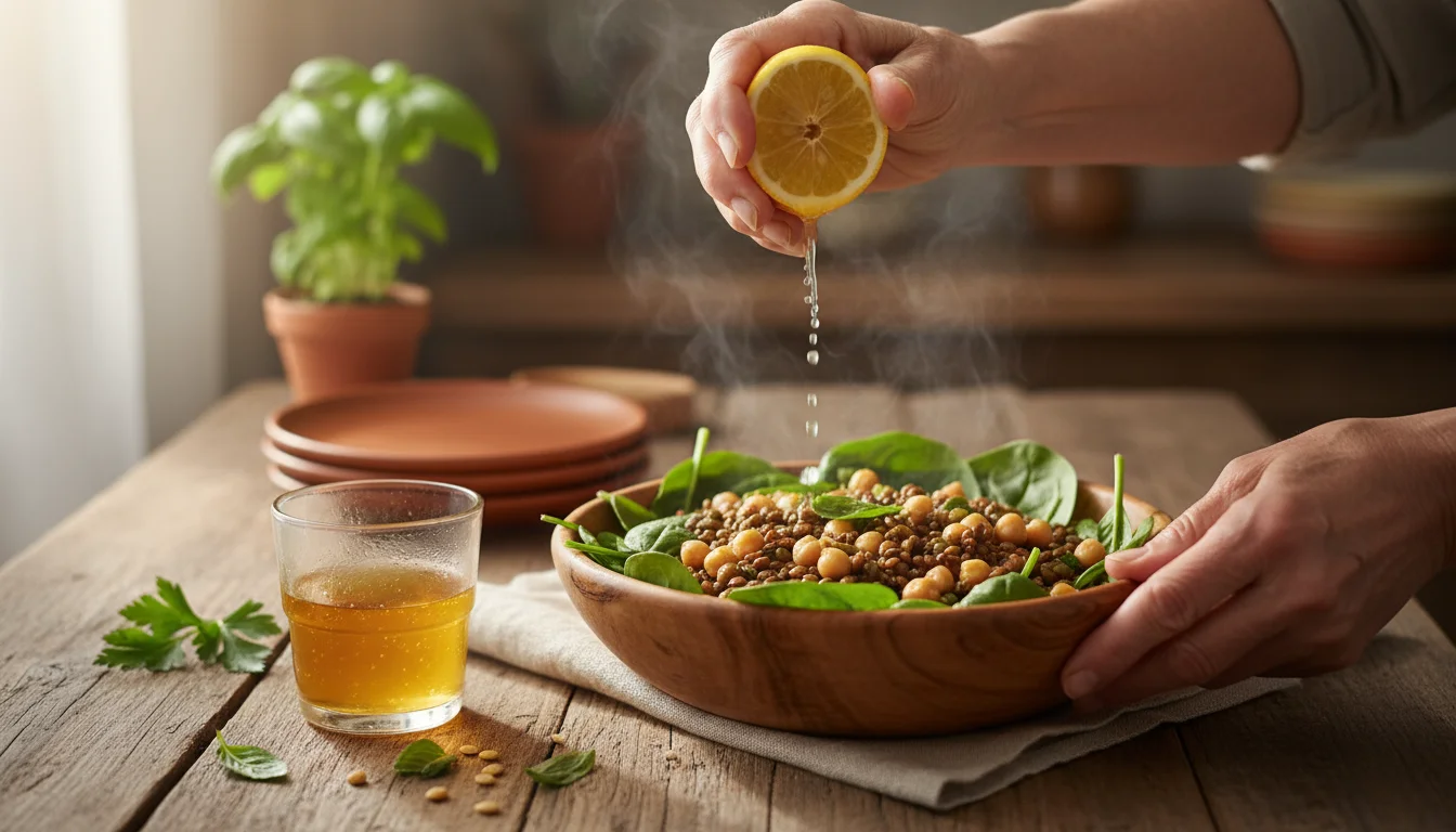 Older hands squeeze a fresh lemon wedge over a vibrant bowl of spinach, lentil, and chickpea salad with orange juice nearby.