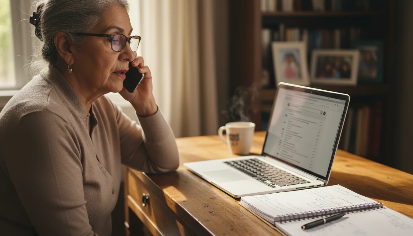 An older Latina woman with reading glasses sits at a wooden desk, talking on a cordless phone while looking at a laptop screen. A notebook and pen are