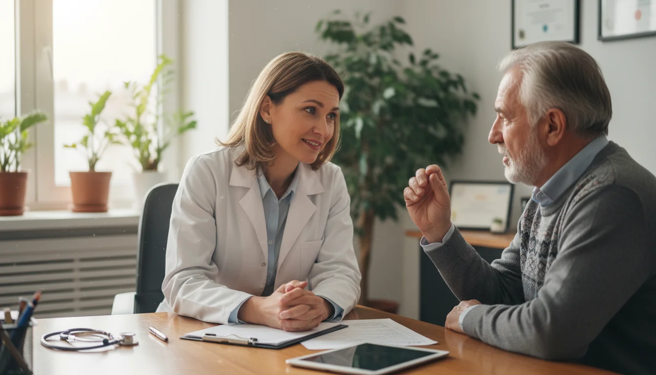 An older man actively conversing with a compassionate female doctor in her office. A medical chart is partially visible on the desk between them.