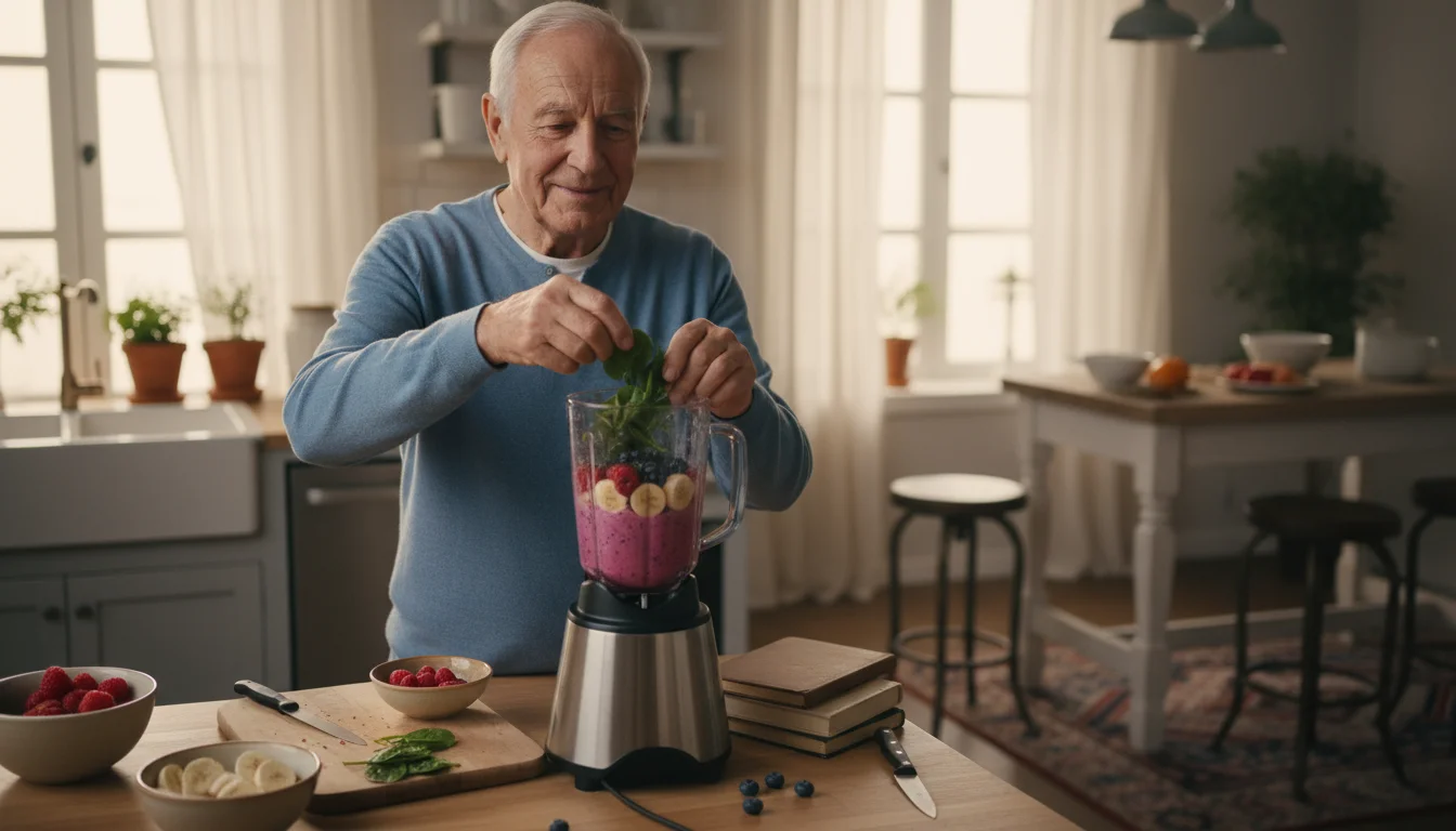 An older man adds fresh spinach to a blender with colorful fruits to make a healthy smoothie in his kitchen.