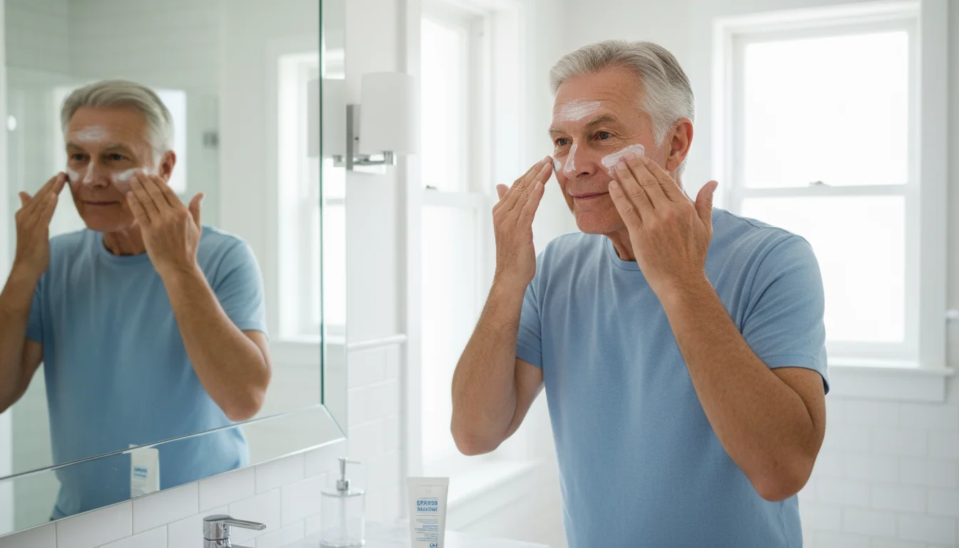Older man (70s) applying white broad-spectrum sunscreen to his face in a bright bathroom by a mirror, part of his daily routine.