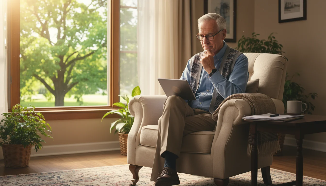 Older man in armchair calmly reviews financial statement on tablet in a sunny living room, a leafy tree visible outside.