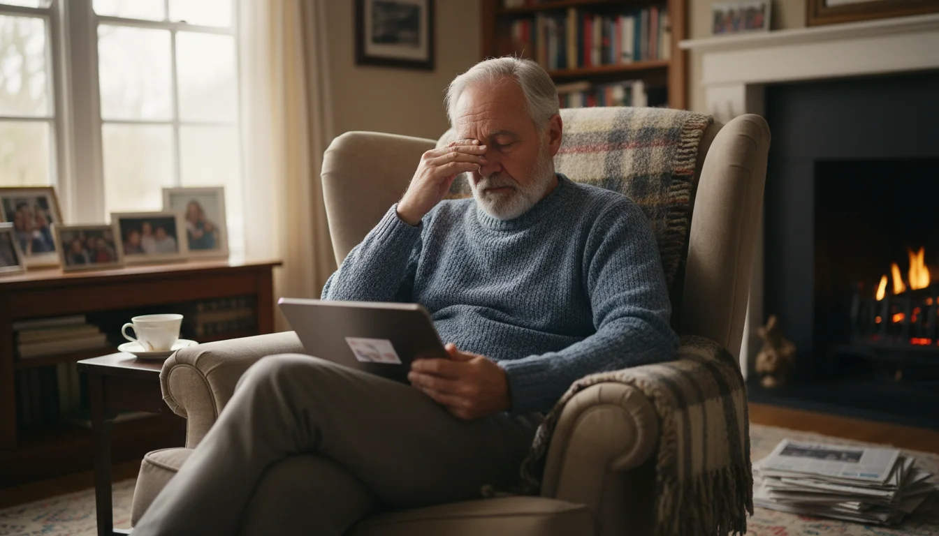 An older man in an armchair rubs his closed eyes, taking a break from a tablet resting on his lap.