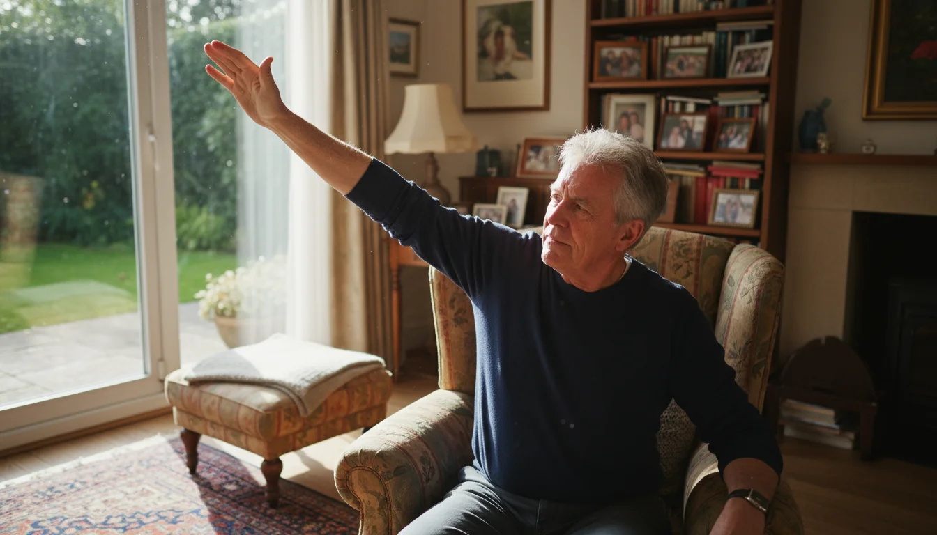 Older man in an armchair gently stretching one arm overhead in a bright living room, focused expression.