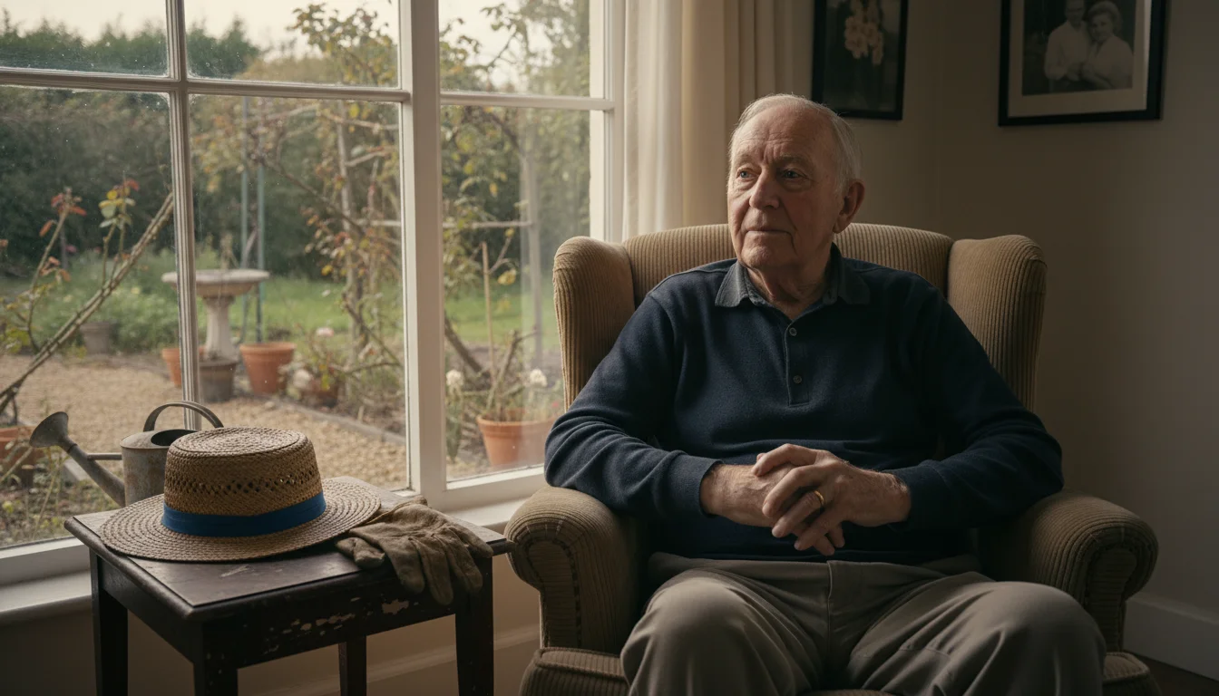 Older man, 75, in an armchair by a window, hands idle. Gardening hat and gloves on table, unused. Overgrown garden visible outside.