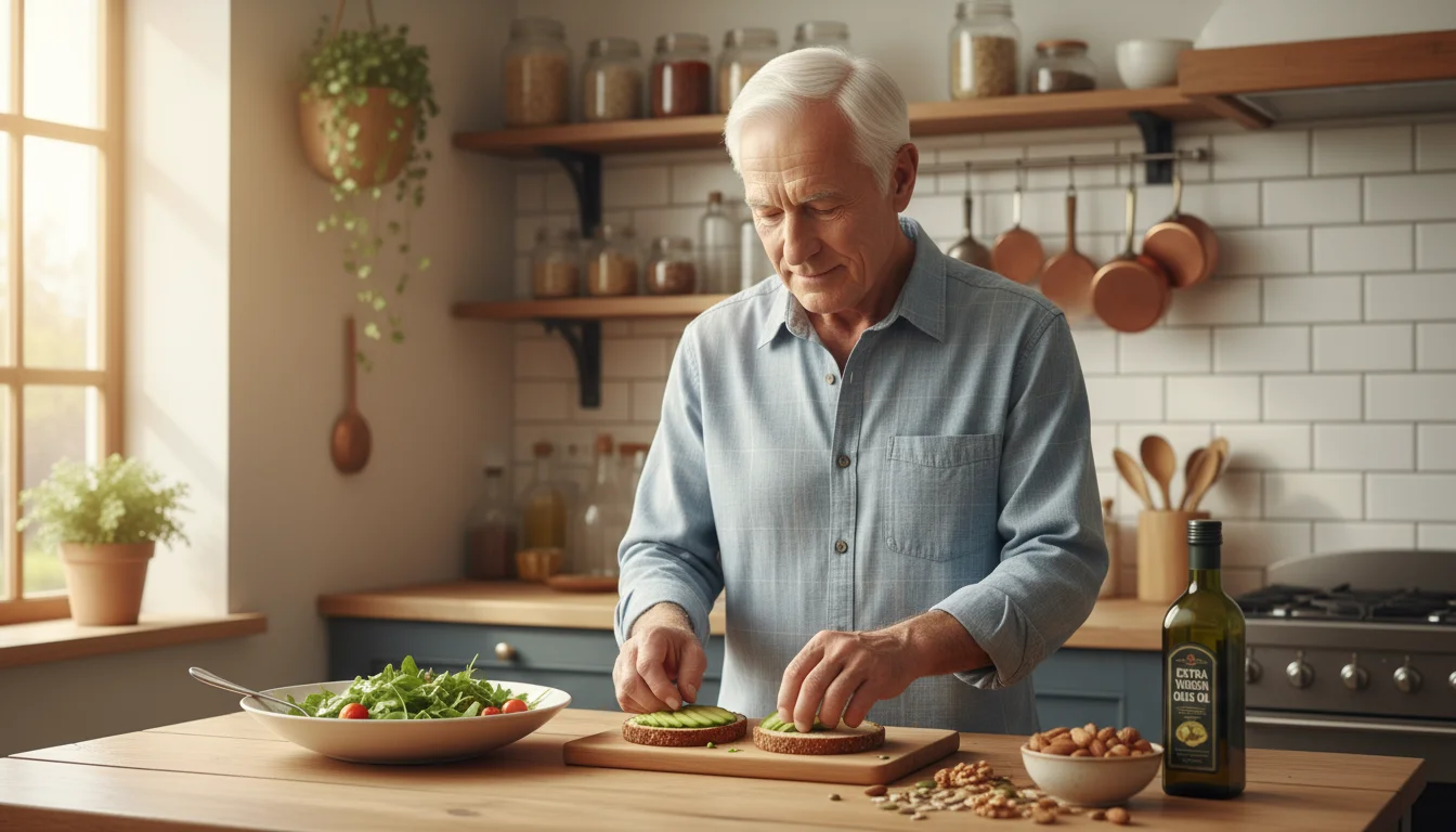 Older man arranging avocado toast in a sunlit kitchen with olive oil, nuts, and salad on the counter.