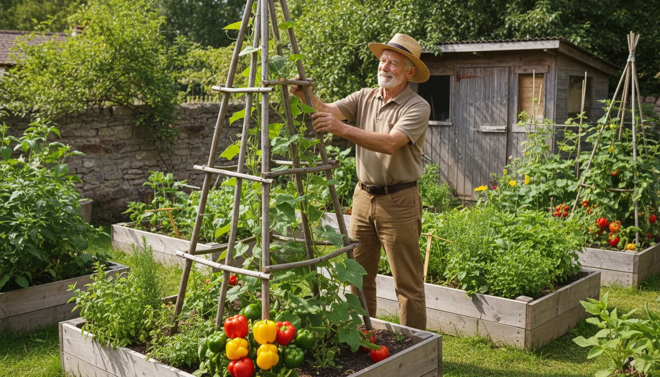 Older man Arthur, 70s, standing with good posture, guiding a cucumber vine up a trellis in his abundant garden with multiple raised beds.