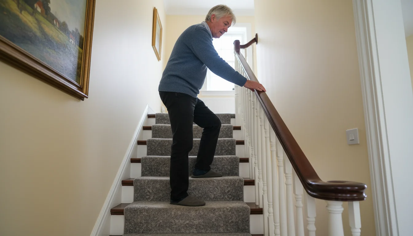 Older man carefully ascends well-lit, carpeted stairs, gripping a wooden handrail. He reaches for a light switch at the bottom.
