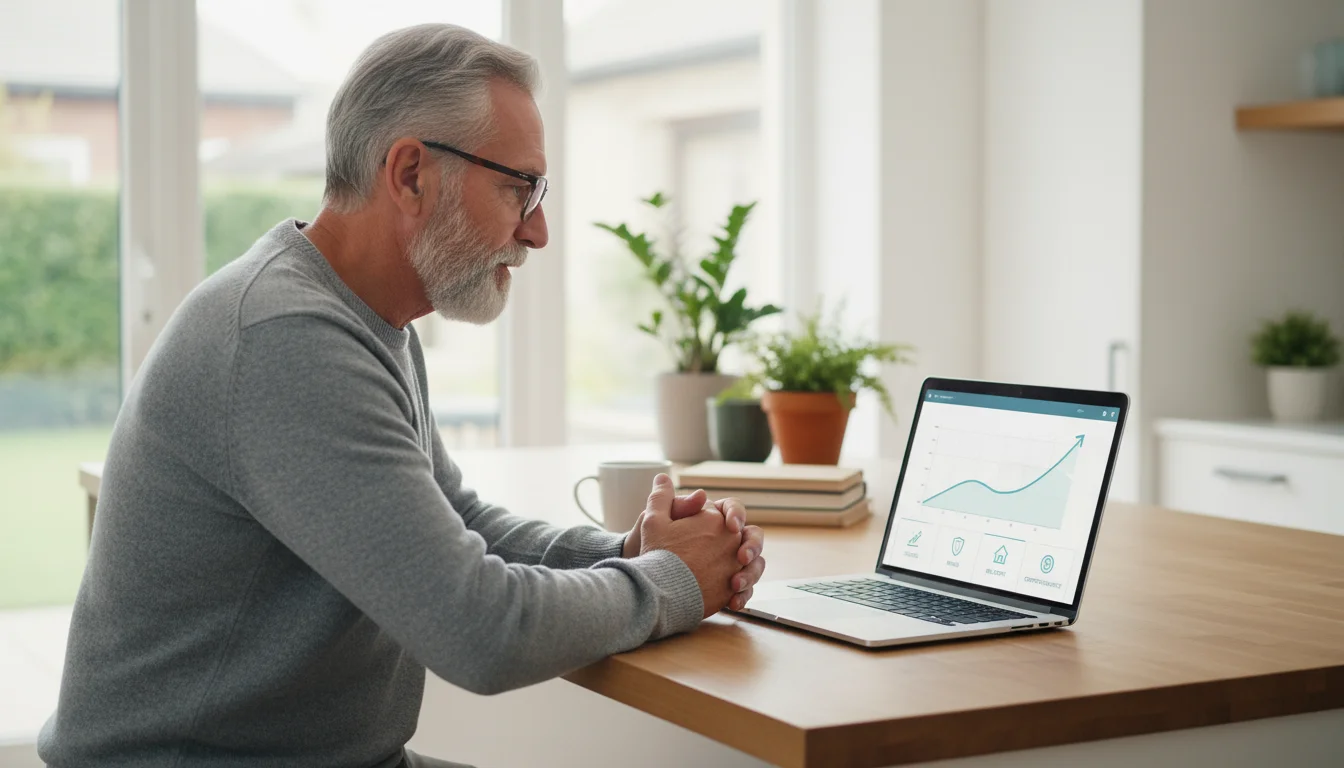 An older man with a beard sits at a kitchen island, looking thoughtfully at a laptop displaying investment graphs.