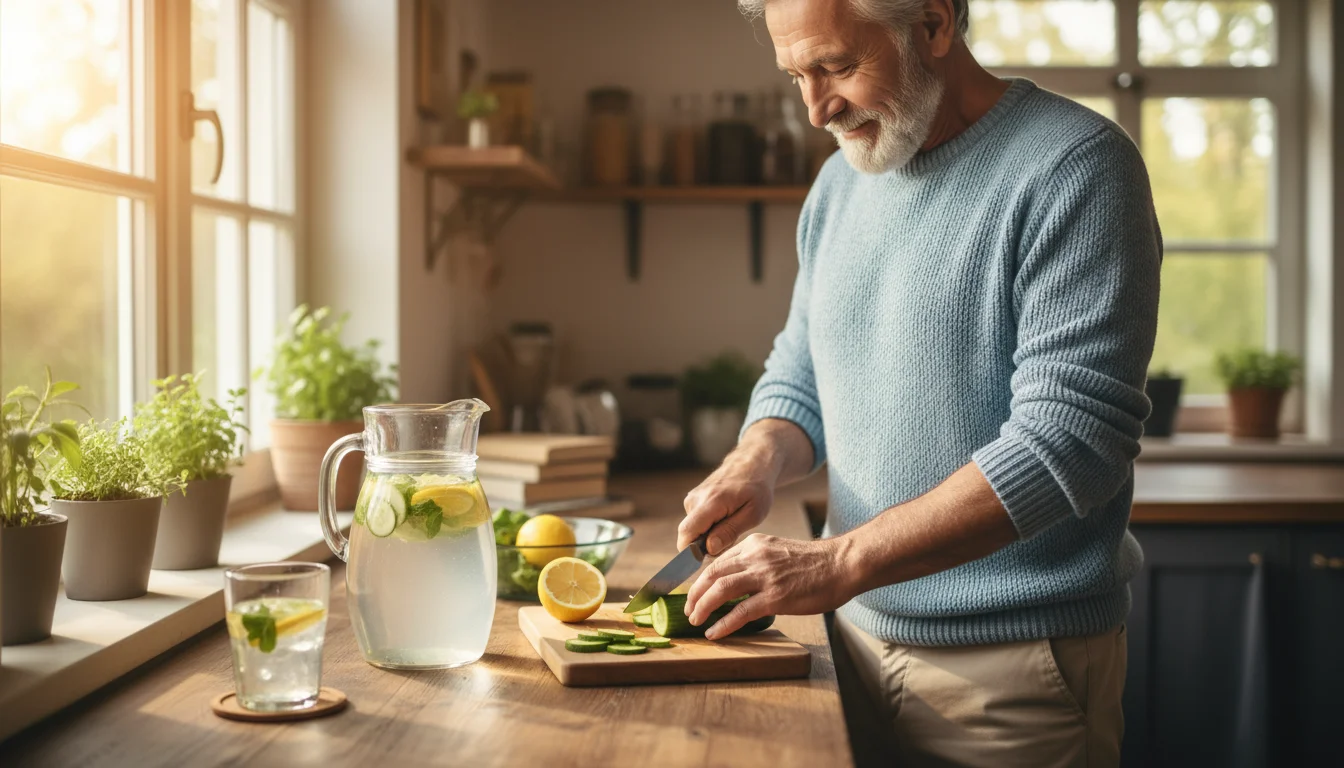 Older man in a bright kitchen slicing cucumber and lemon next to a pitcher of water and a full glass.