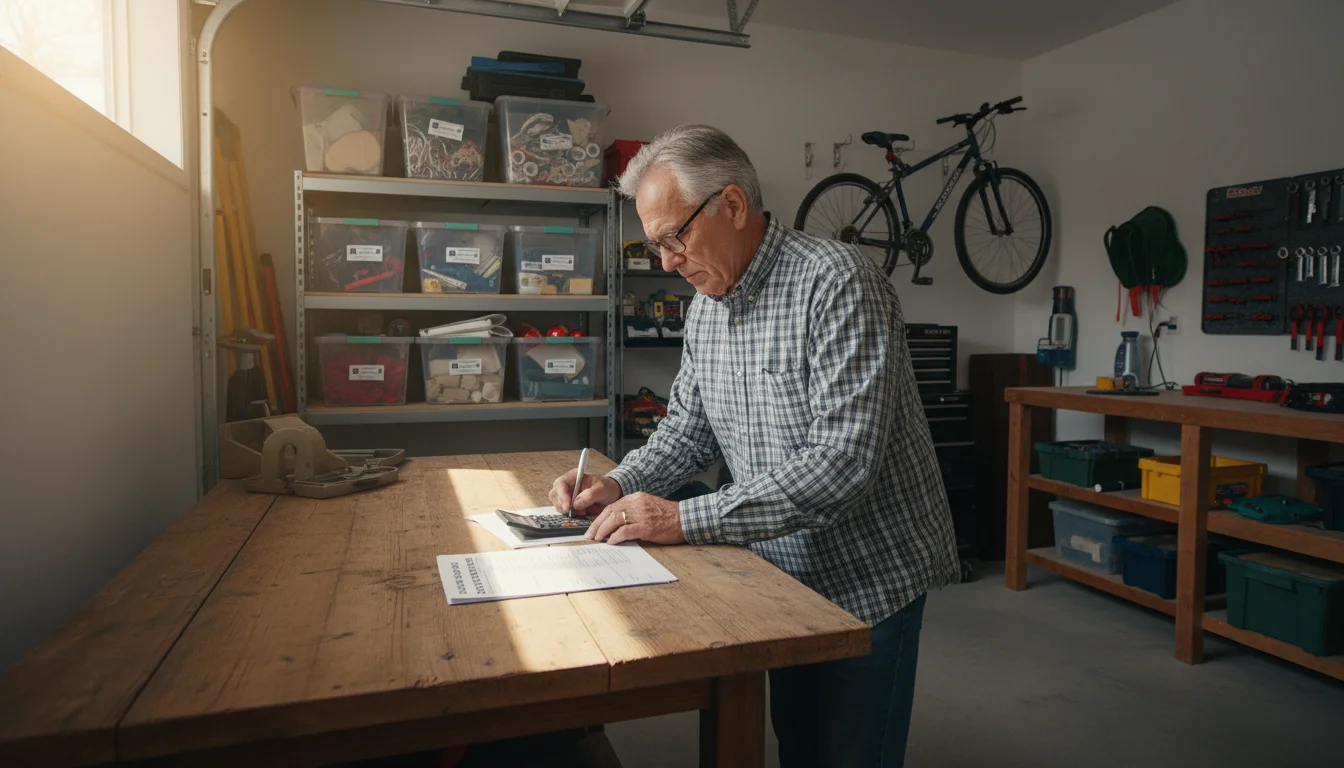 An older man in a brightly lit garage sits at a utility table, reviewing a property tax bill and car sales receipt with a calculator.