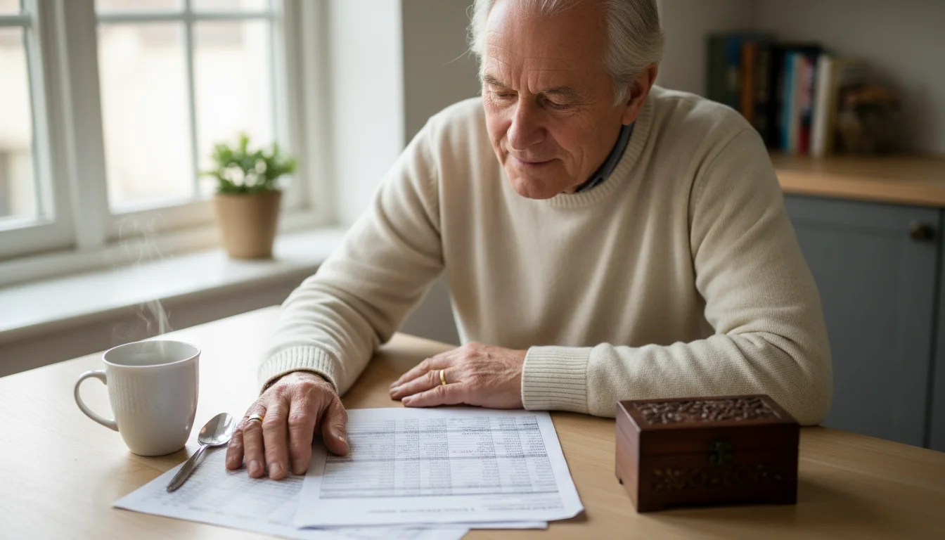 An older man calmly reviews a financial spreadsheet at a kitchen table, with a closed wooden box and a mug of tea beside him.